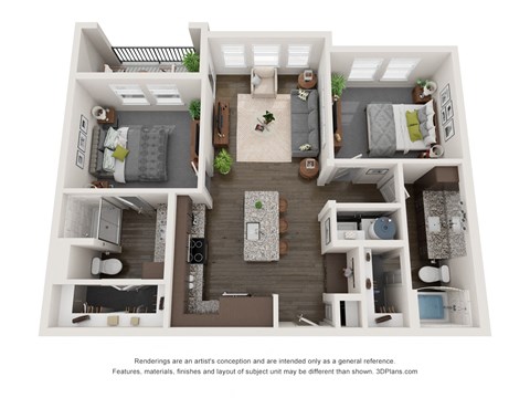 Floor plan for 2 beds, 2 baths, 942 sqft